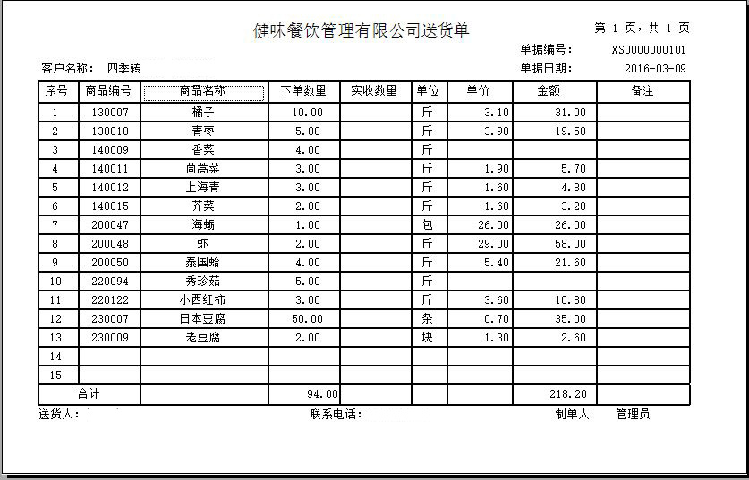 生鲜配送单格式 生鲜农产品配送单模板格式